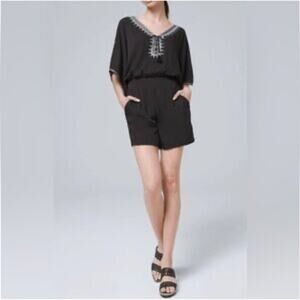 White House Black Market 10 Romper Shorts WHBM Boho Embroidered Tassel Kimono